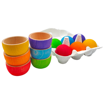 6 Stained Rainbow Wooden Bowls & Balls Set For Matching and Sorting