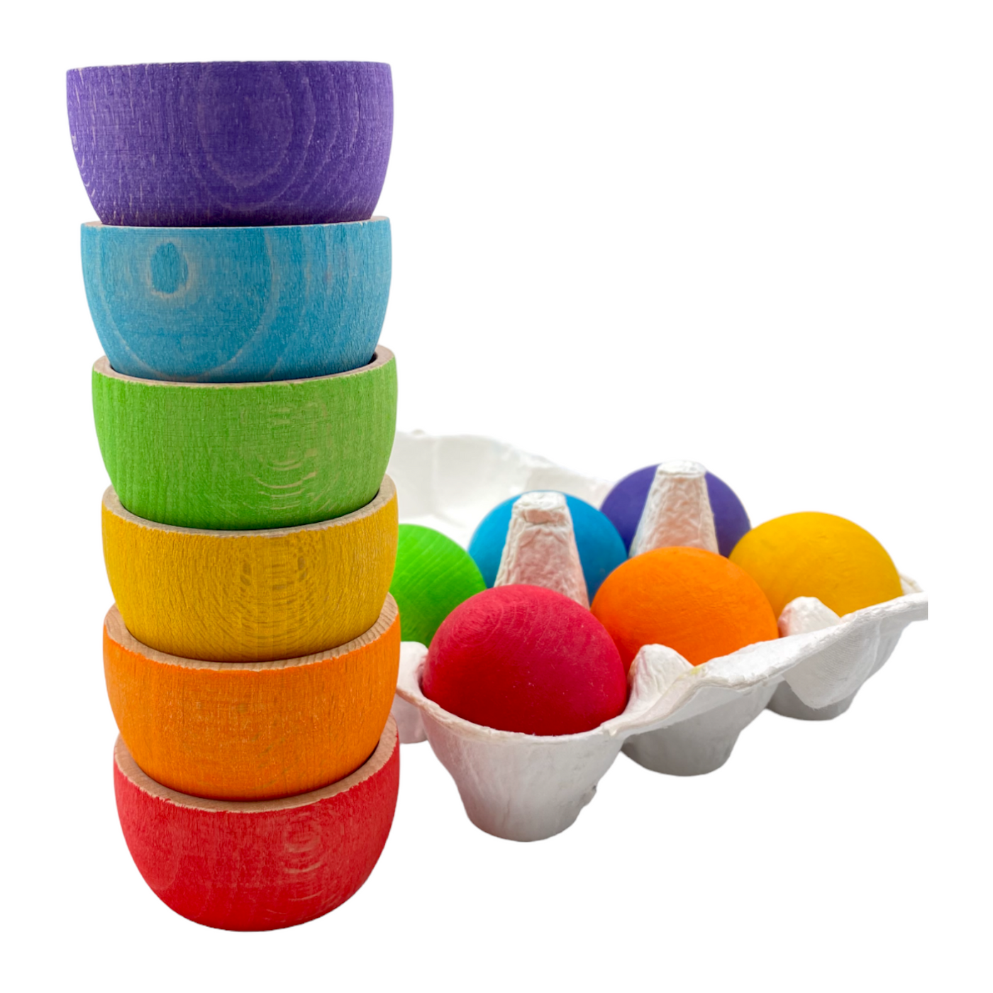 6 Stained Rainbow Wooden Bowls & Balls Set For Matching and Sorting