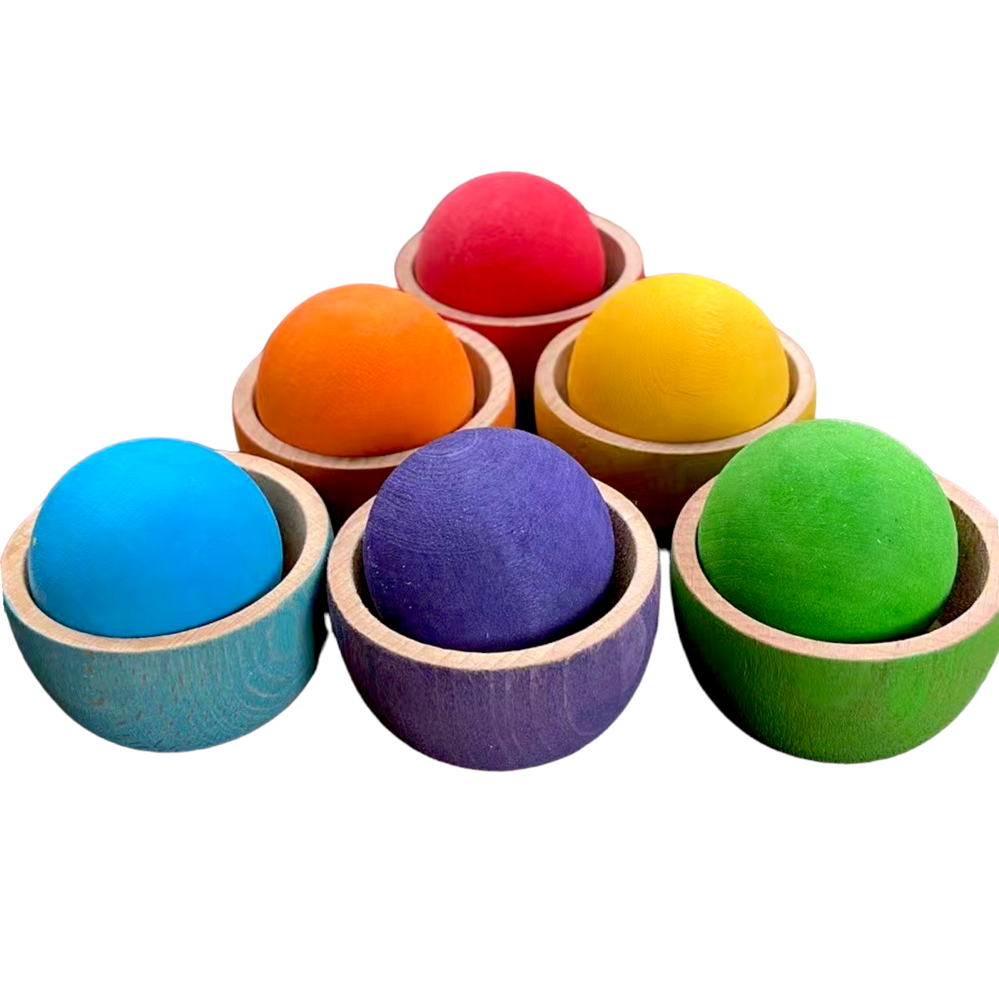 6 Stained Rainbow Wooden Bowls & Balls Set For Matching and Sorting